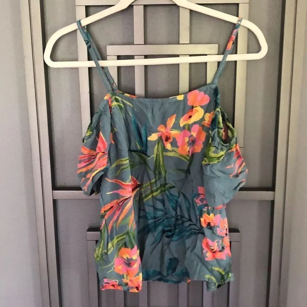 Billabong floral Hawaiian spaghetti strap off the shoulder top cropped size S
